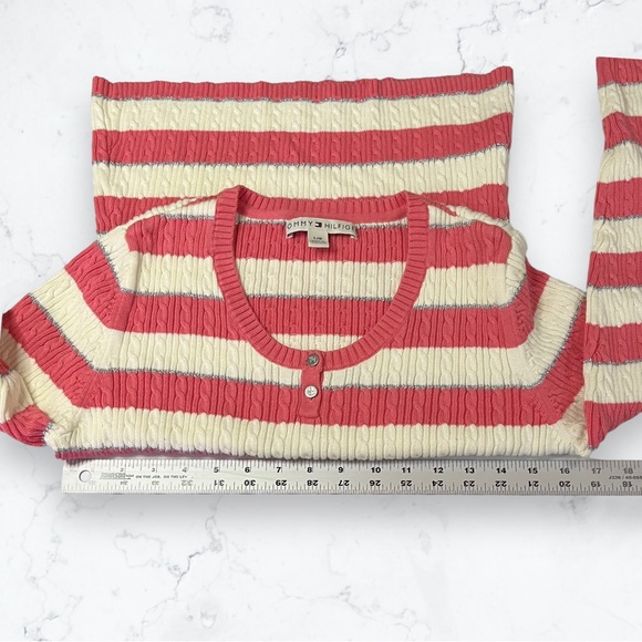 Tommy Hilfiger Pink, Off-white, and Silver Striped Cable Knit Sweater Large - Picture 6 of 12